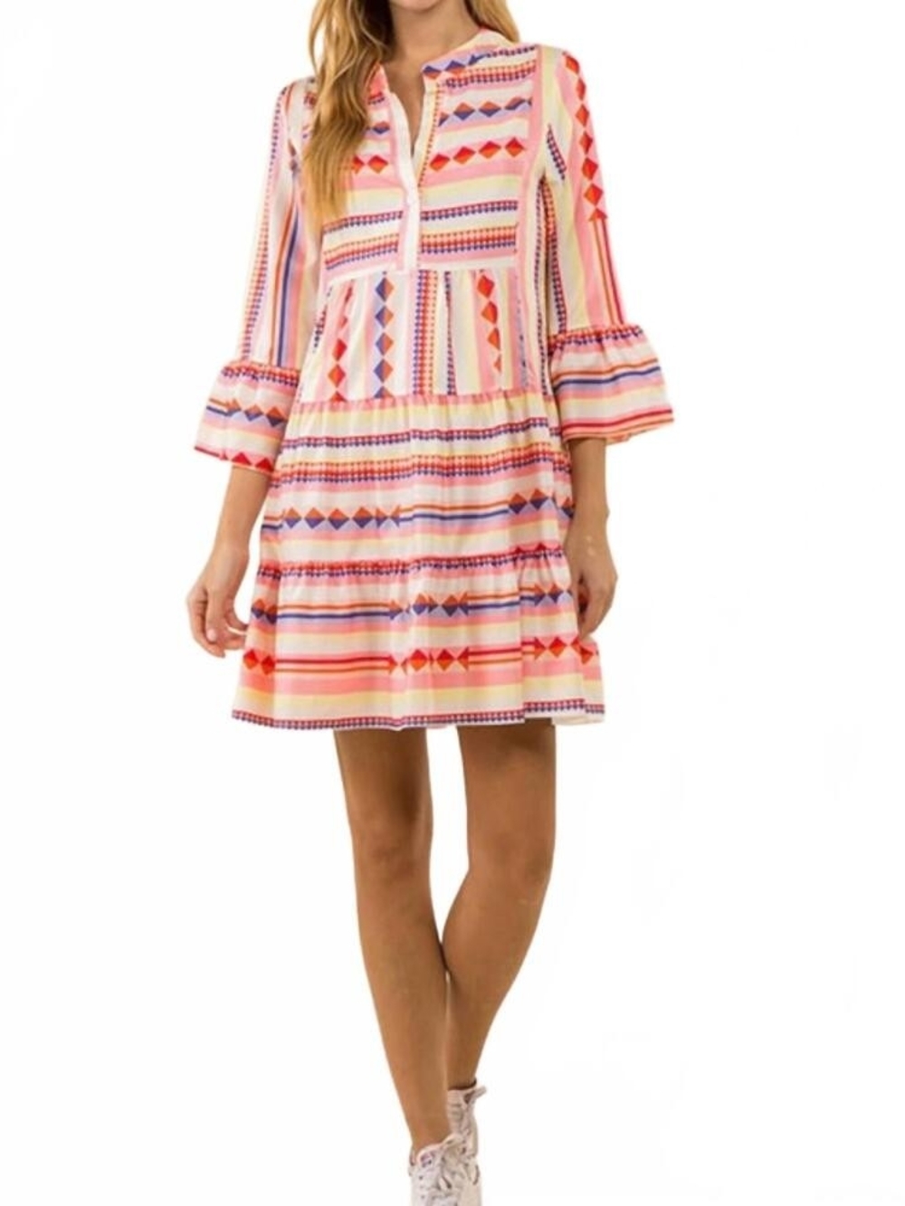 Pink Striped Tiered Mini Dress with Geometric Print